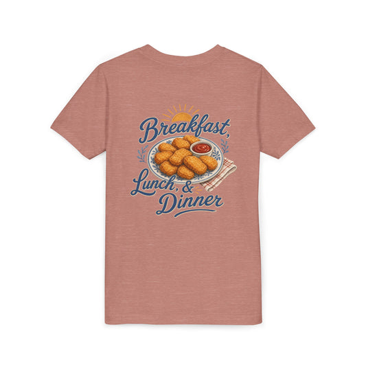"Breakfast, Lunch & Dinner" Chicken Nugget Graphic Youth Tee — BACK PRINT
