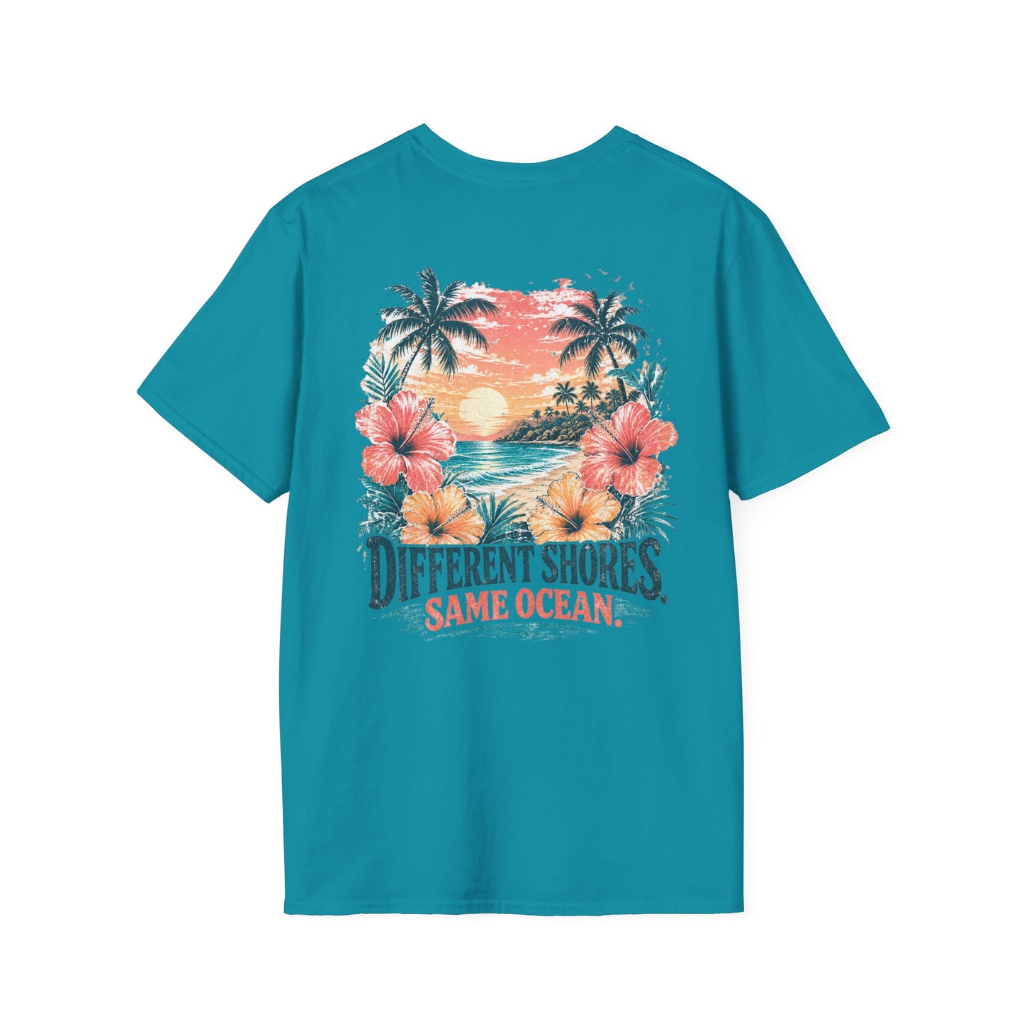 "Different Shores, Same Ocean" Hibiscus Flower Beach Sunset Graphic T-Shirt