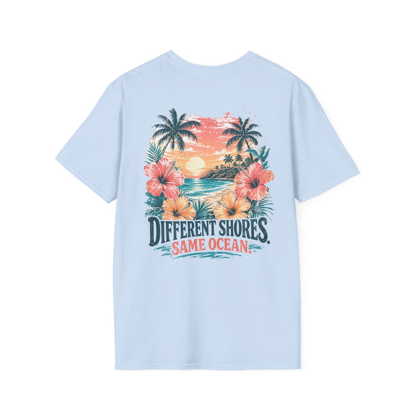 "Different Shores, Same Ocean" Hibiscus Flower Beach Sunset Graphic T-Shirt
