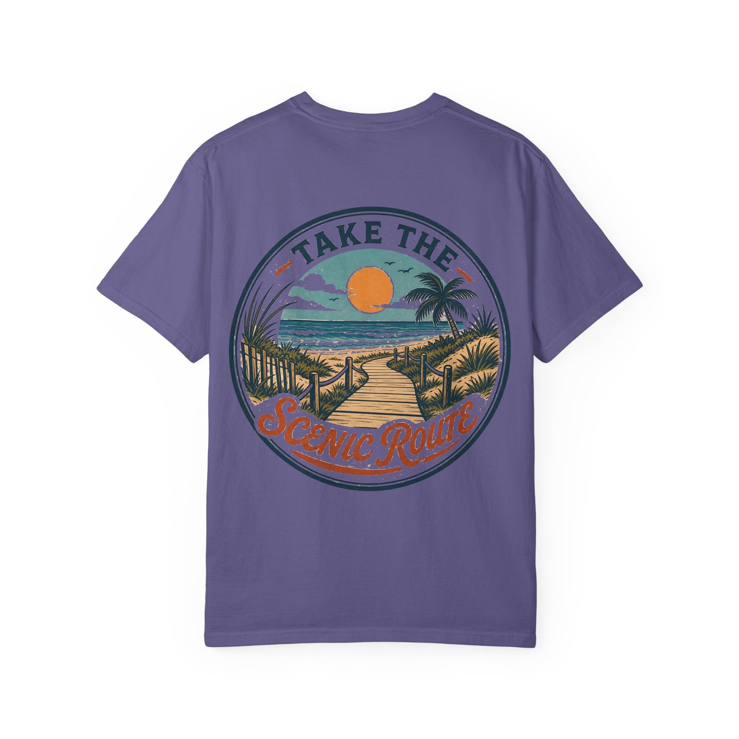 Scenic Route Beach T-Shirt — "Take the Scenic Route" Sunset Boardwalk Tee