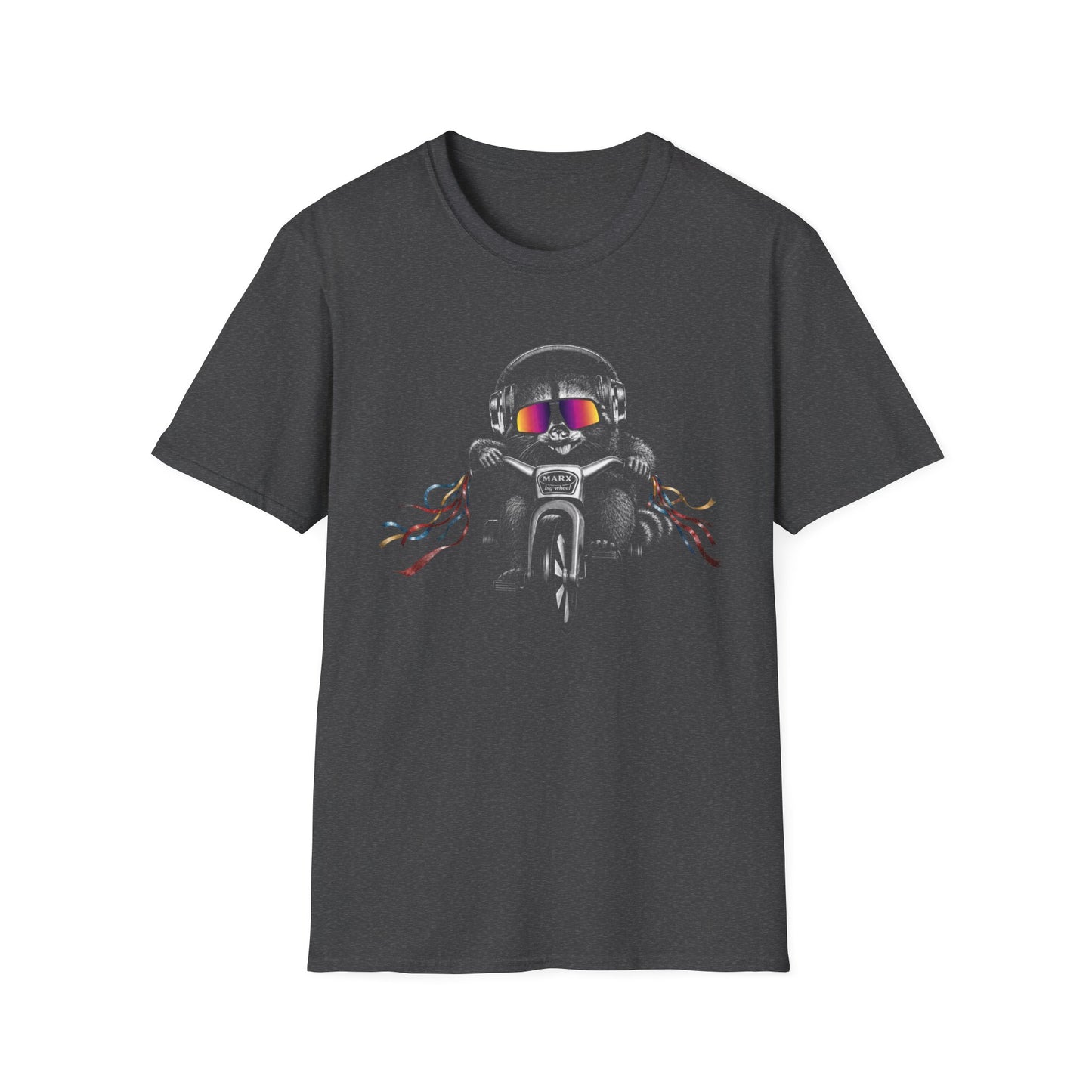Big Wheel Raccon with Oakleys and Active Noise Canceling (ANC) headphones ‑Shirt — Retro Biker Tee