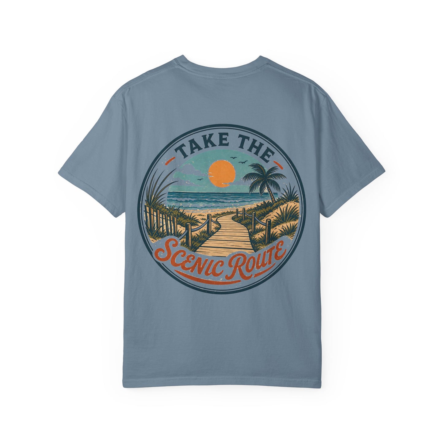 Scenic Route Beach T-Shirt — "Take the Scenic Route" Sunset Boardwalk Tee