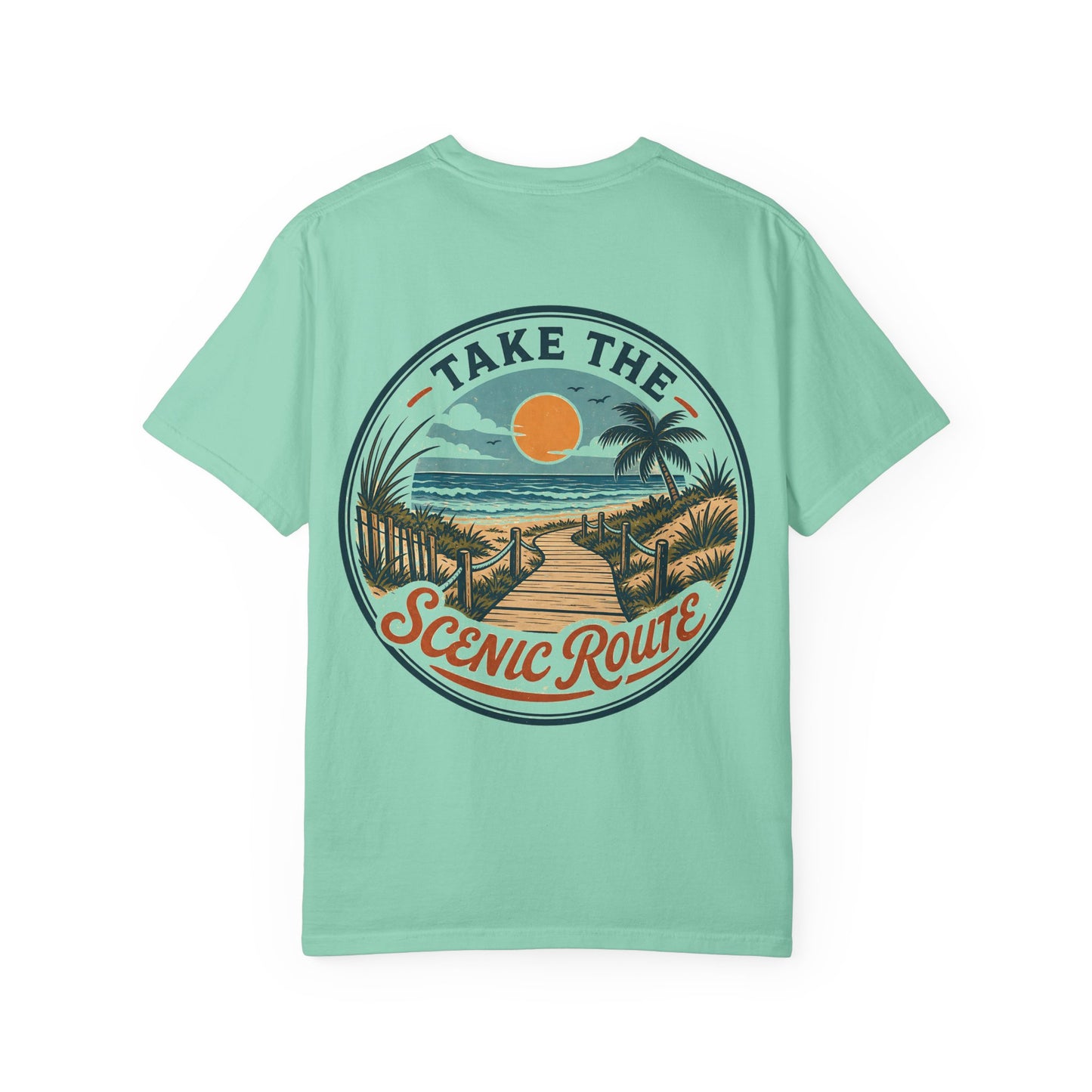 Scenic Route Beach T-Shirt — "Take the Scenic Route" Sunset Boardwalk Tee