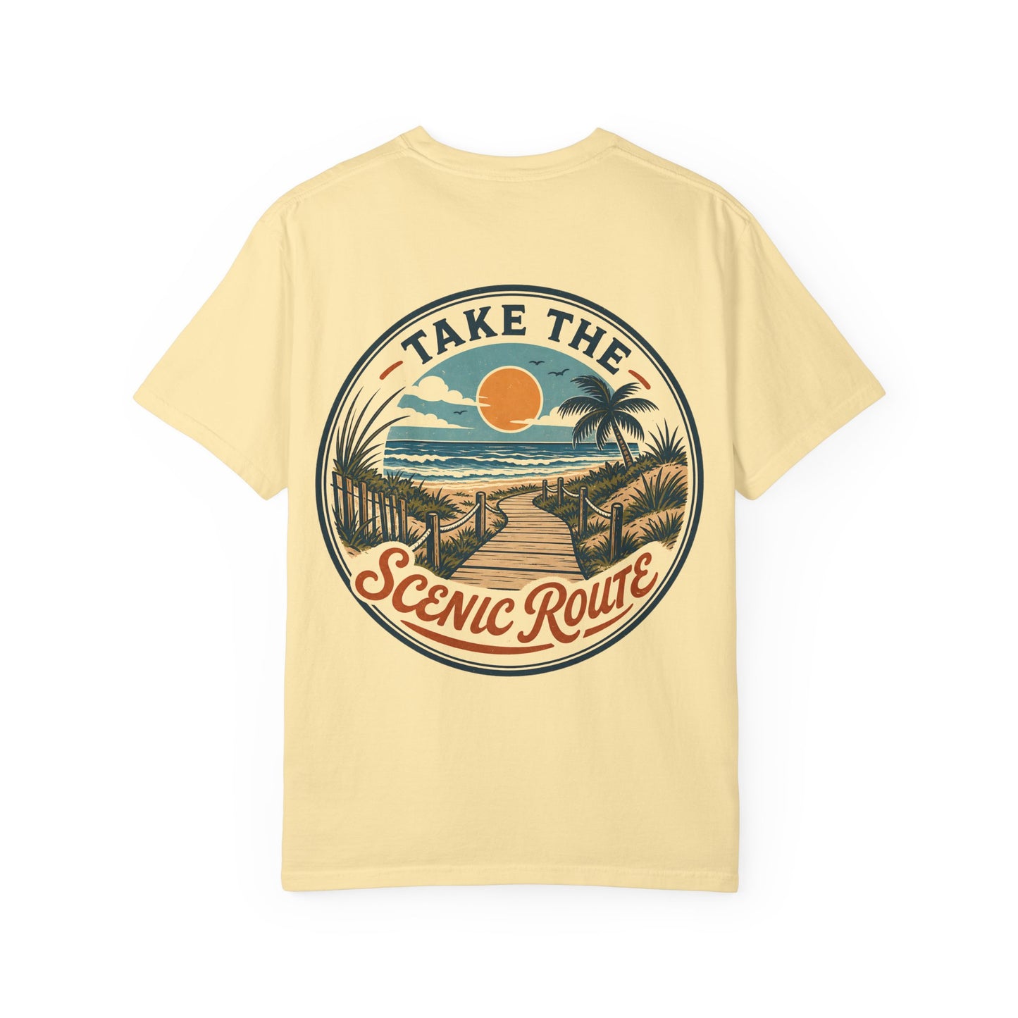 Scenic Route Beach T-Shirt — "Take the Scenic Route" Sunset Boardwalk Tee