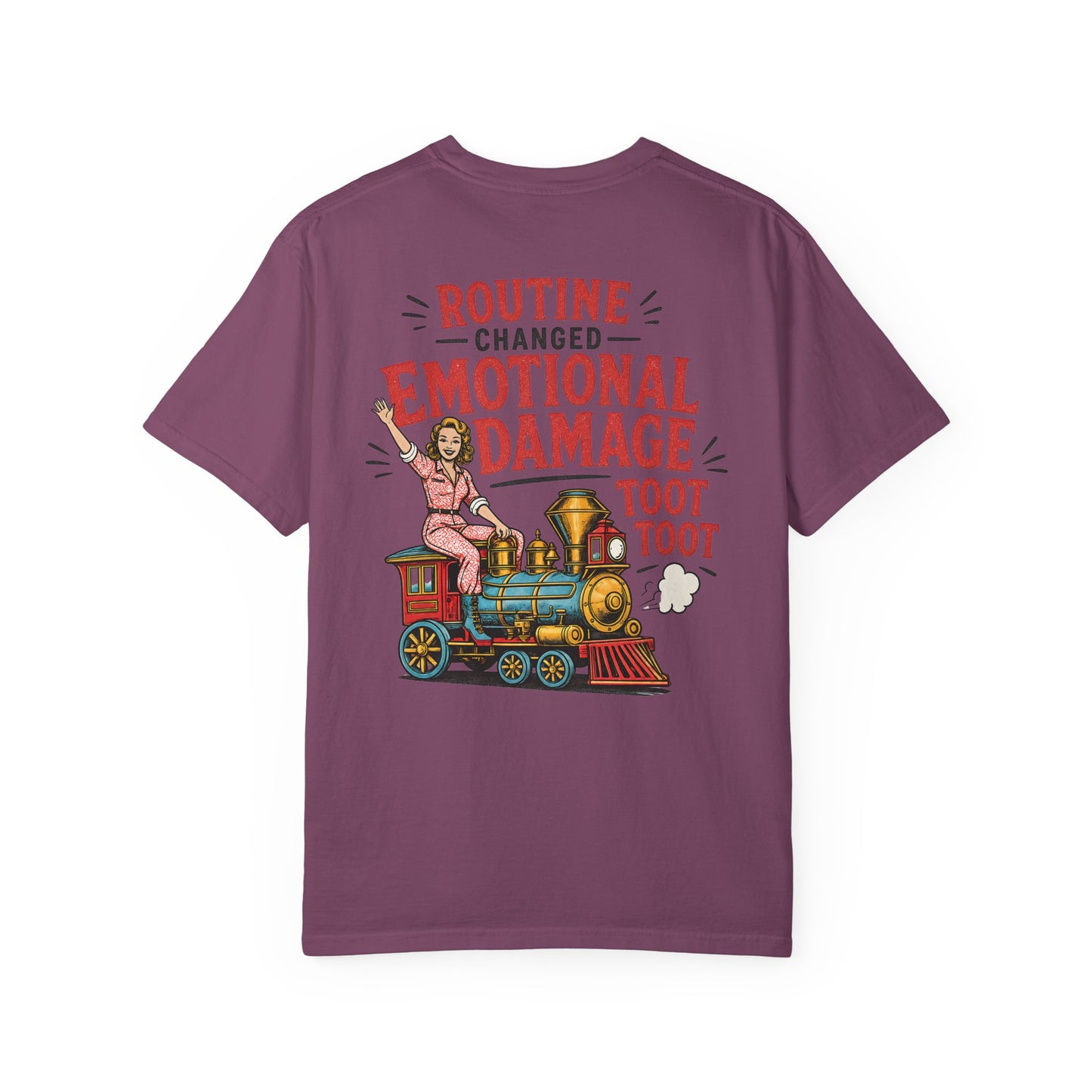 Emotional Damage Train T-Shirt — 'Routine Changed' Vintage Locomotive Graphic BACK PRINT