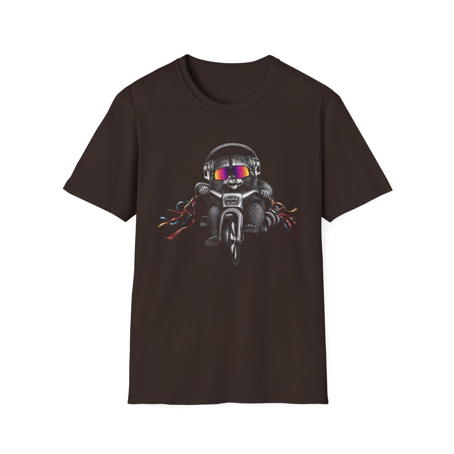 Big Wheel Raccon with Oakleys and Active Noise Canceling (ANC) headphones ‑Shirt — Retro Biker Tee