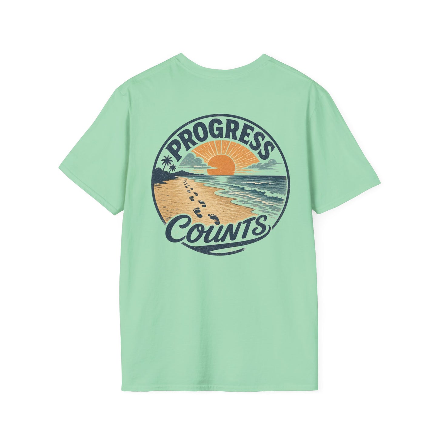 Progress Counts T-Shirt — Vintage Coastal Footprints Sunset