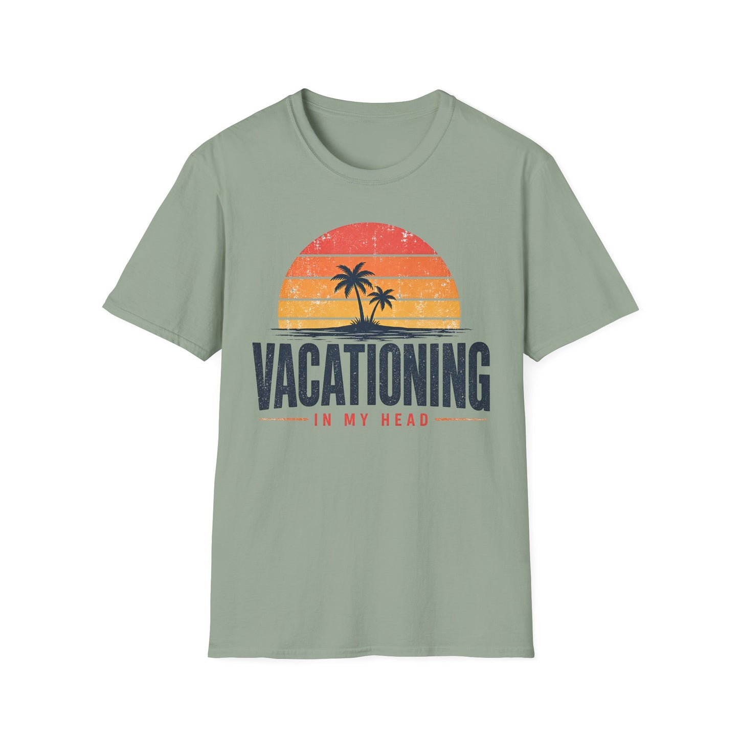 Vacationing T-Shirt — Retro Palm Sunset "Vacationing in My Head" Tee