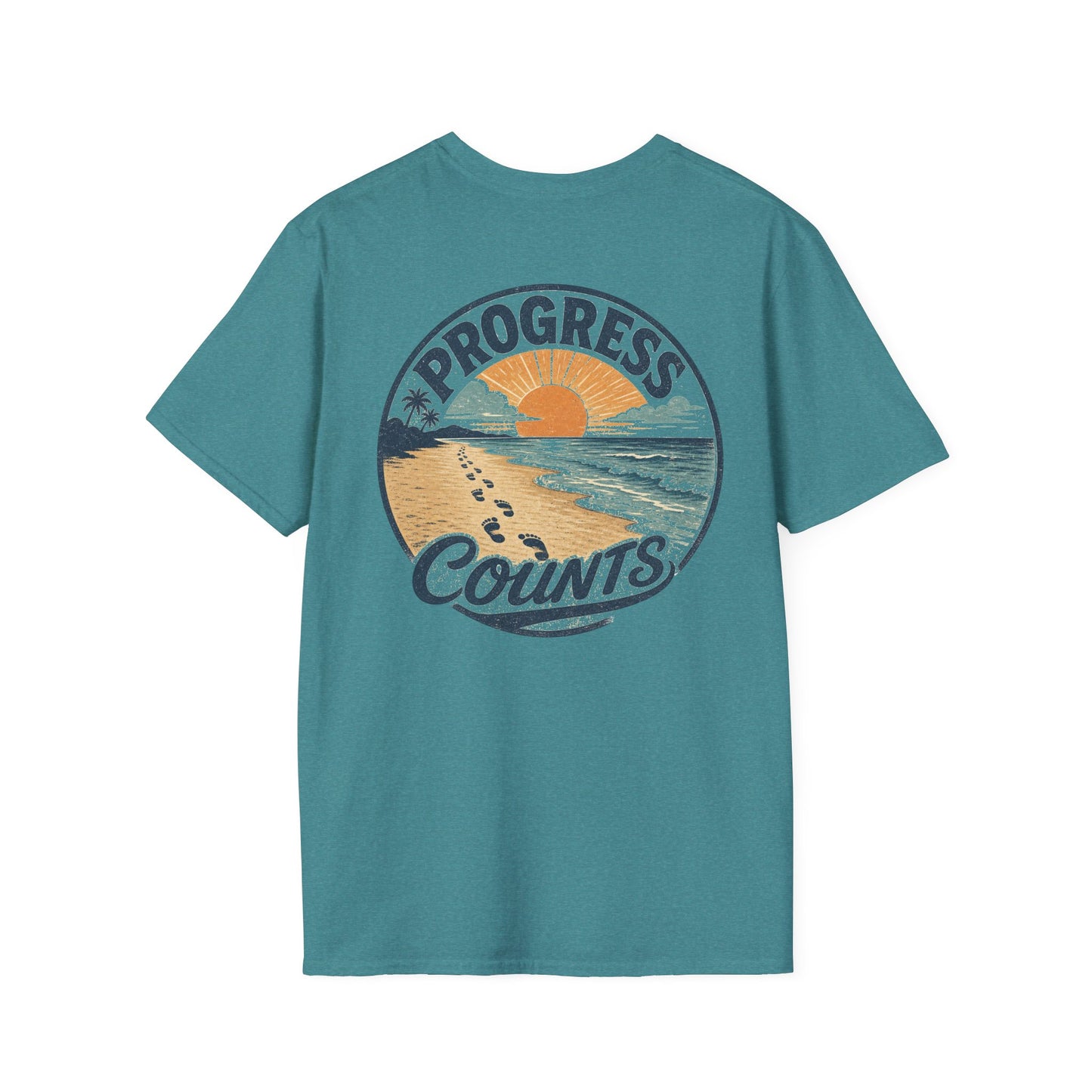 Progress Counts T-Shirt — Vintage Coastal Footprints Sunset