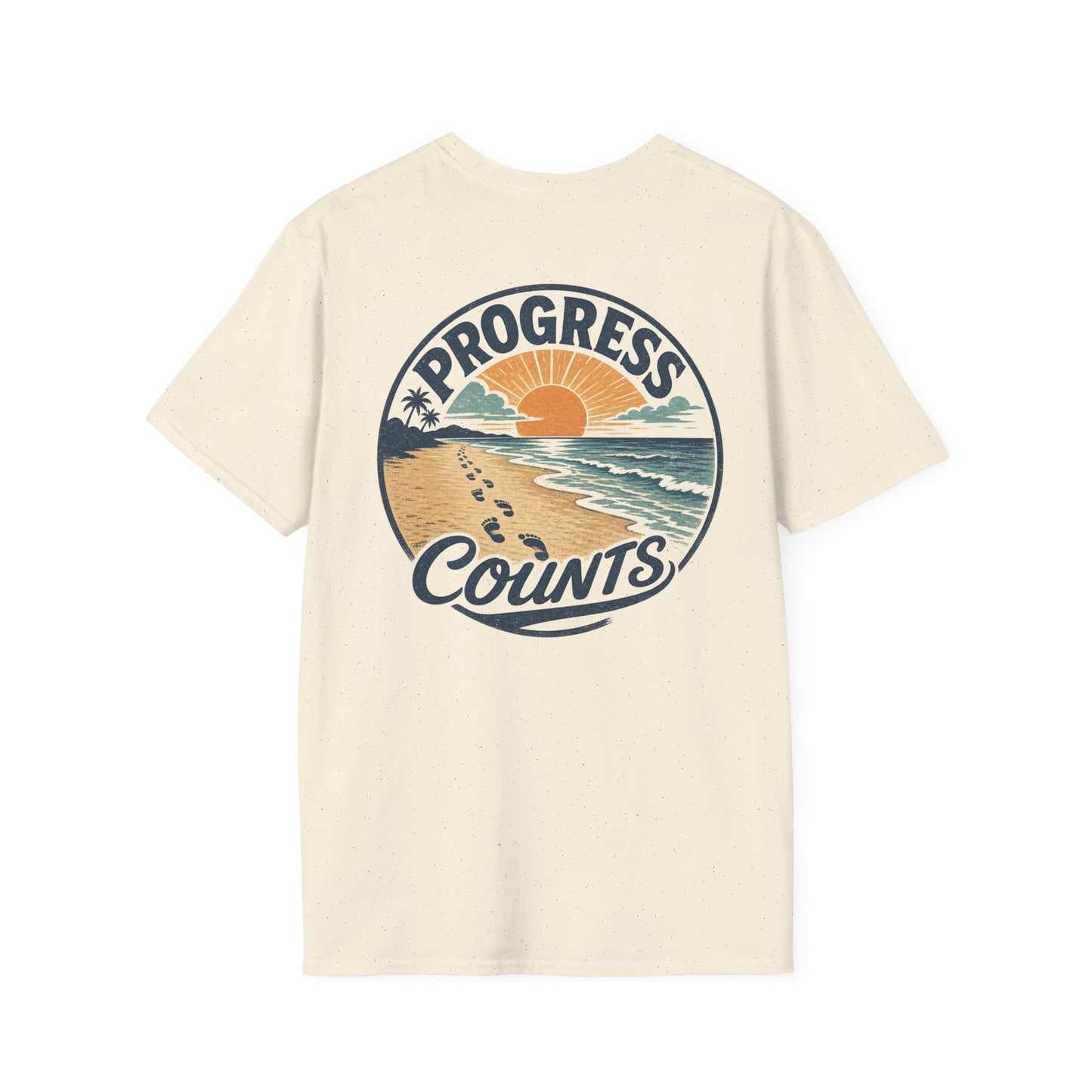 Progress Counts T-Shirt — Vintage Coastal Footprints Sunset