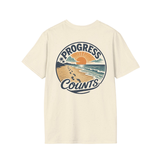 Progress Counts T-Shirt — Vintage Coastal Footprints Sunset