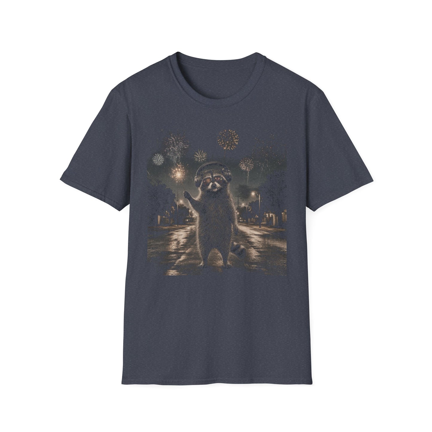 Raccoon Fireworks Tee — Night Sky Neurodivergent Auditory sensitivity Raccoon Party Animal T-Shirt