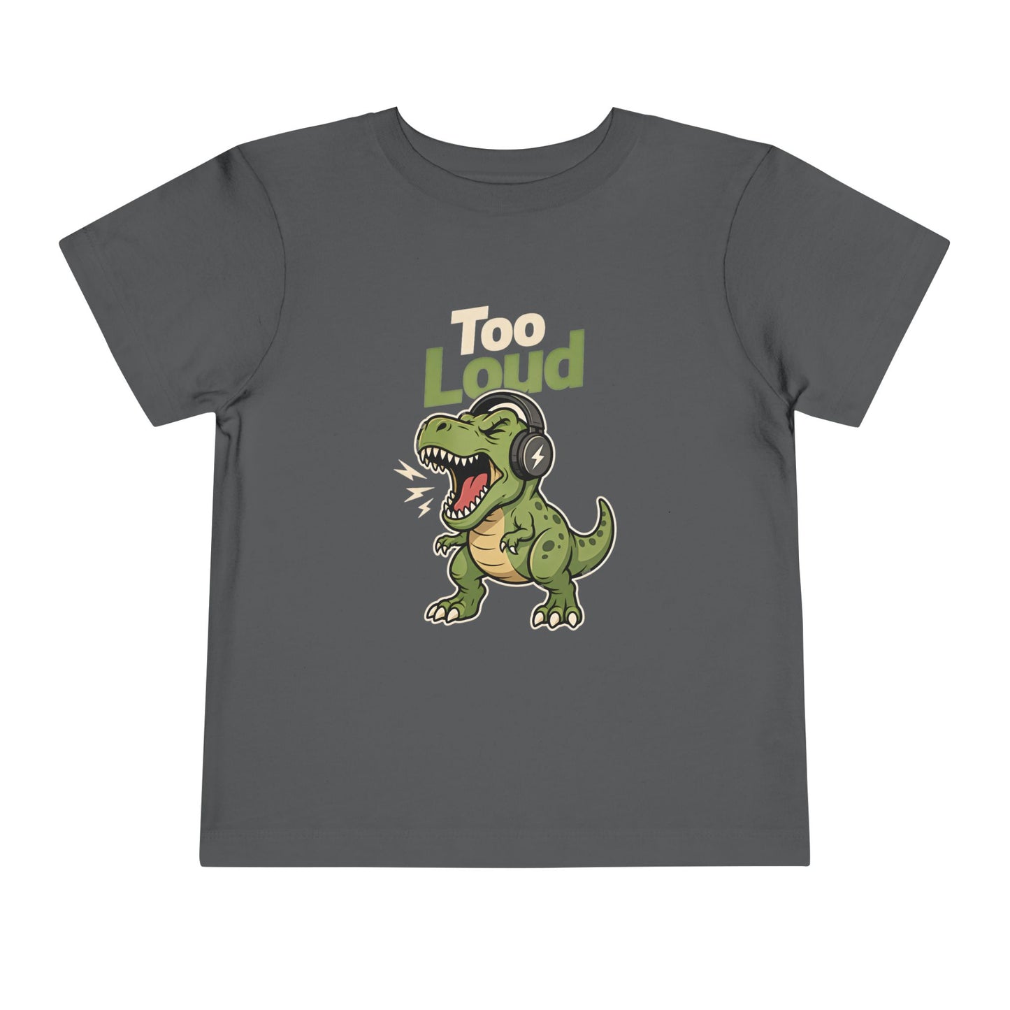 Toddler Tee — 'Too Loud' Headphone T-Rex Graphic Shirt