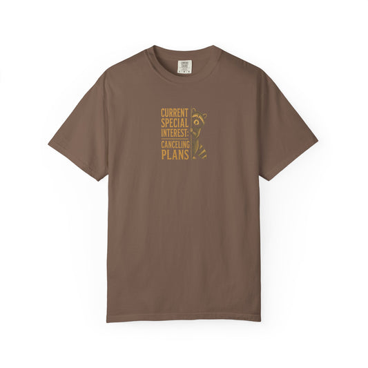 Funny Cancelled Plans T-Shirt — "Current Special Interest: Cancelling Plans" Raccoon Graphic Tee