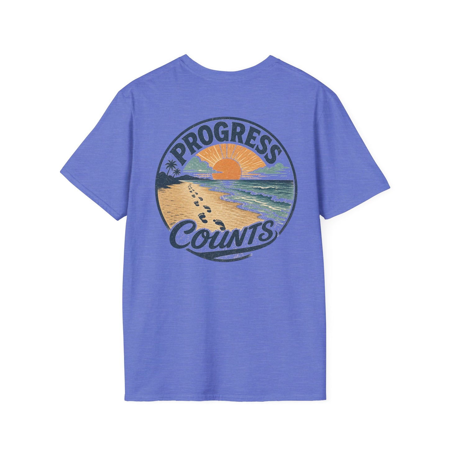 Progress Counts T-Shirt — Vintage Coastal Footprints Sunset