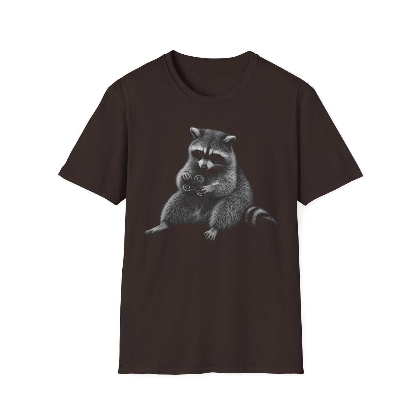 Raccoon Holding Fidget Spinner Graphic T-Shirt — Cute Noir Wildlife Tee