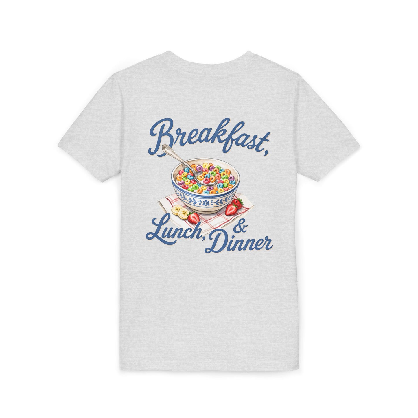 “Breakfast, Lunch & Dinner” Cereal Bowl Kids Youth Tee - Shirt BACK PRINT