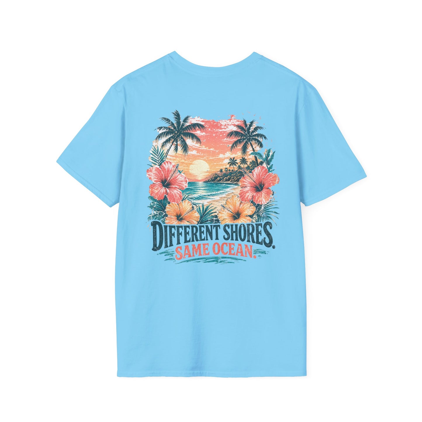 "Different Shores, Same Ocean" Hibiscus Flower Beach Sunset Graphic T-Shirt