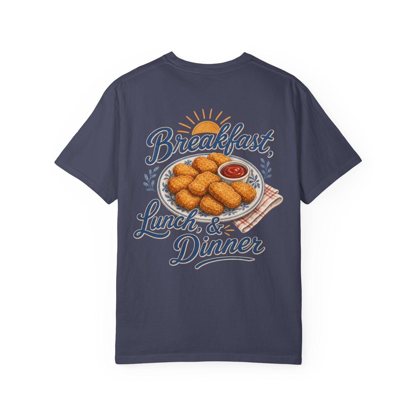 Chicken Nugget T-Shirt — “Breakfast, Lunch & Dinner” Retro Food Graphic Tee Adult BACK PRINT