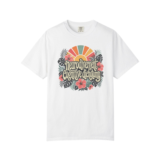 Neurodivergent Cognitive Dichotomy T-Shirt — Retro Floral Sunburst Awareness Tee