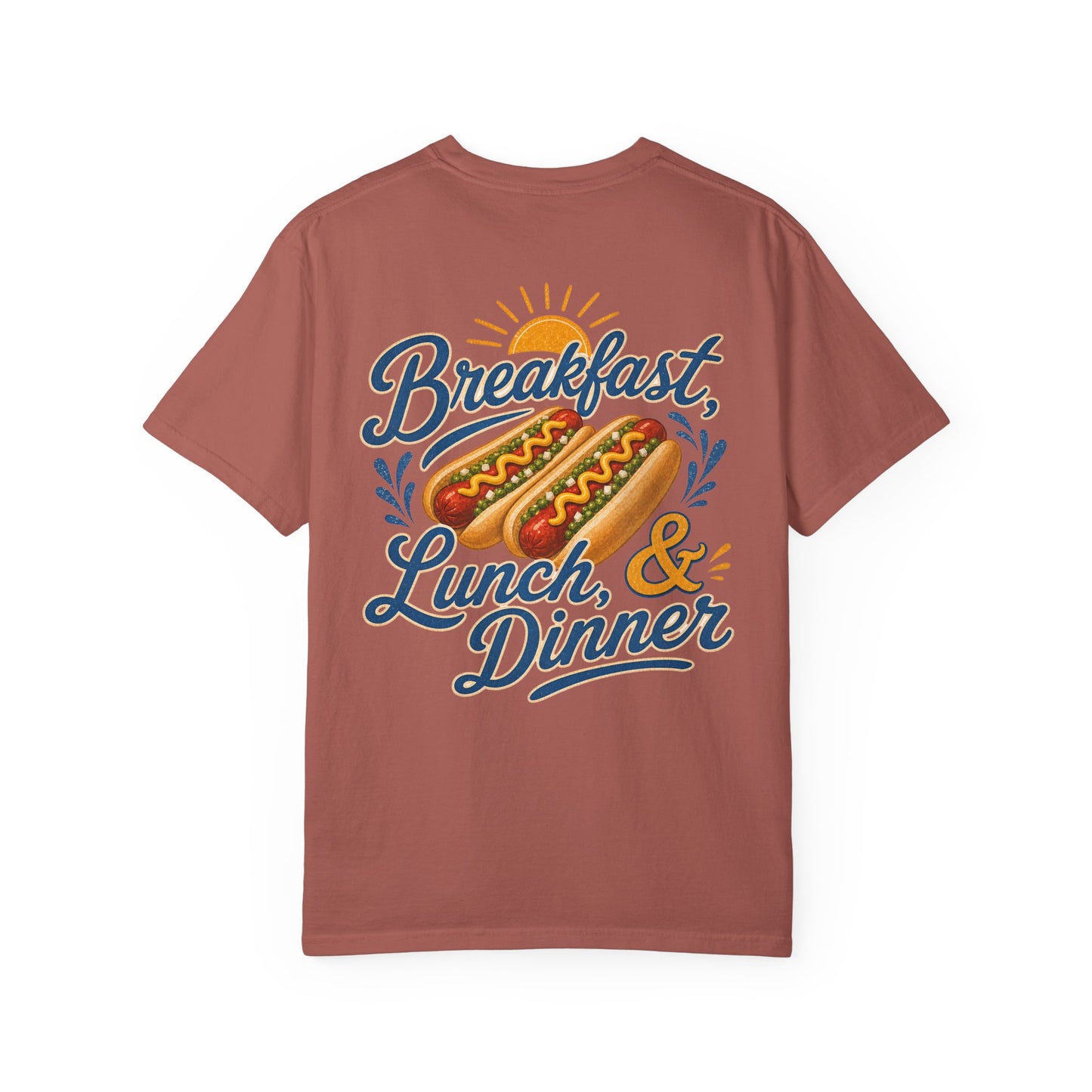 "Breakfast, Lunch & Dinner" Hot Dog Graphic Tee, routine, asd BACK PRINT