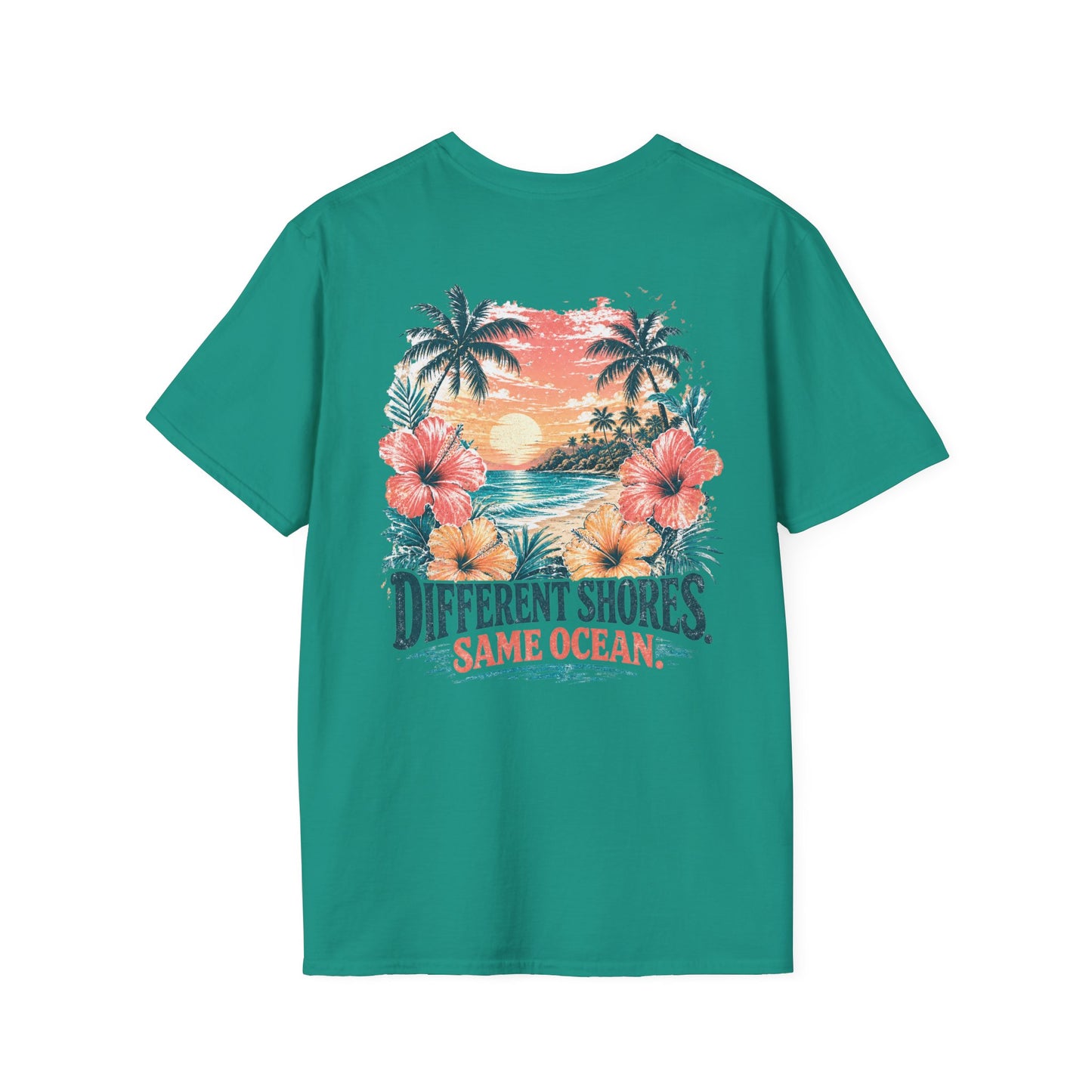 "Different Shores, Same Ocean" Hibiscus Flower Beach Sunset Graphic T-Shirt