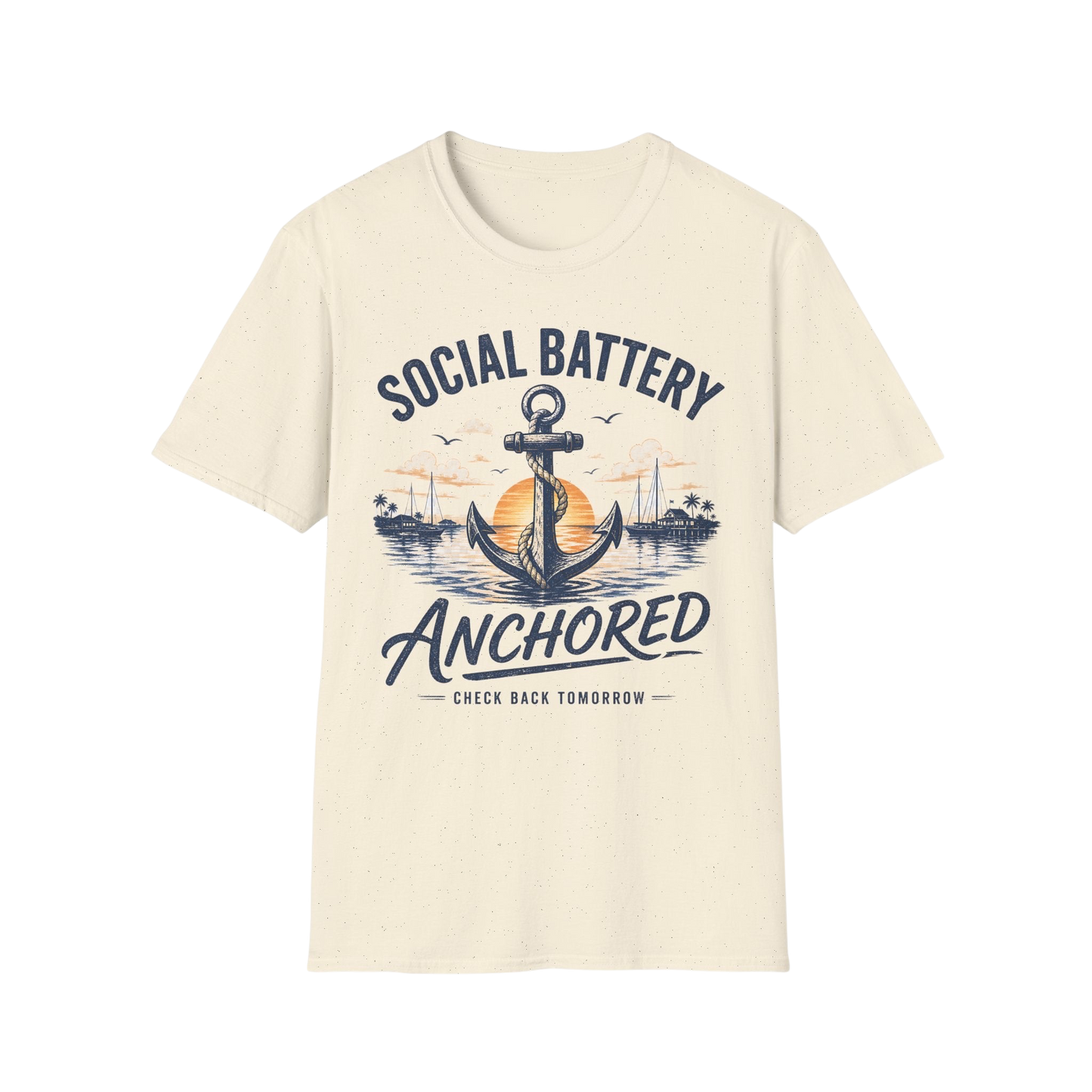 Social Battery Anchored T‑Shirt — Nautical Anchor Retro Sunset Tee