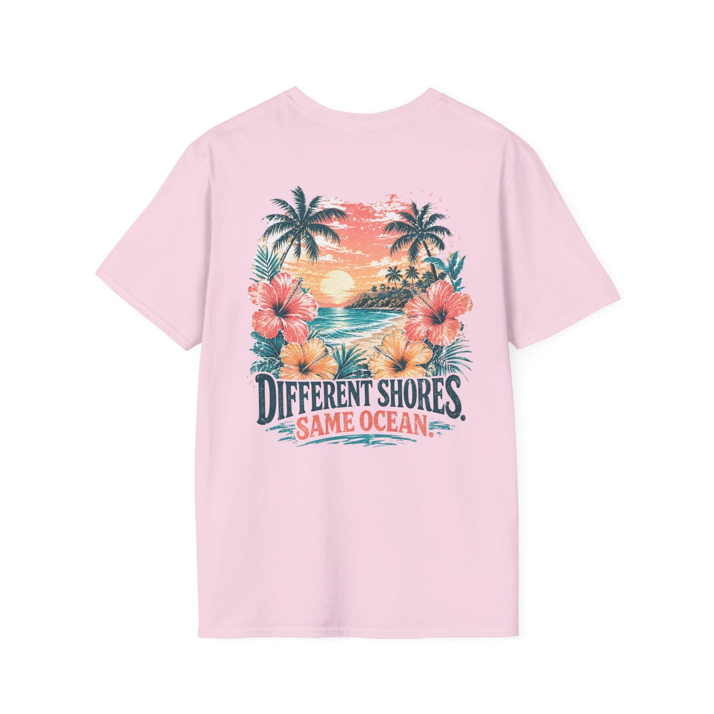 "Different Shores, Same Ocean" Hibiscus Flower Beach Sunset Graphic T-Shirt