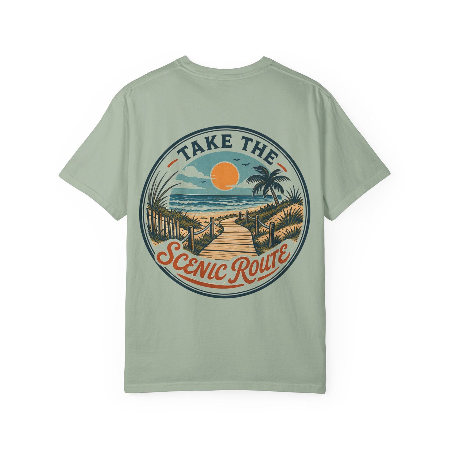 Scenic Route Beach T-Shirt — "Take the Scenic Route" Sunset Boardwalk Tee
