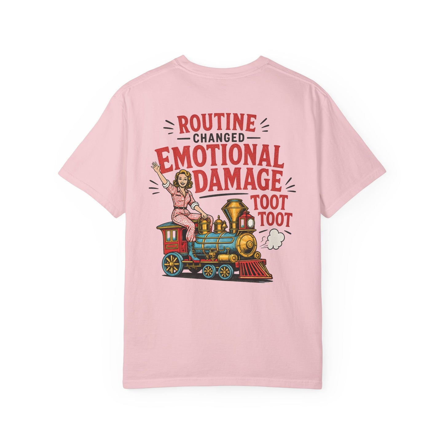 Emotional Damage Train T-Shirt — 'Routine Changed' Vintage Locomotive Graphic BACK PRINT