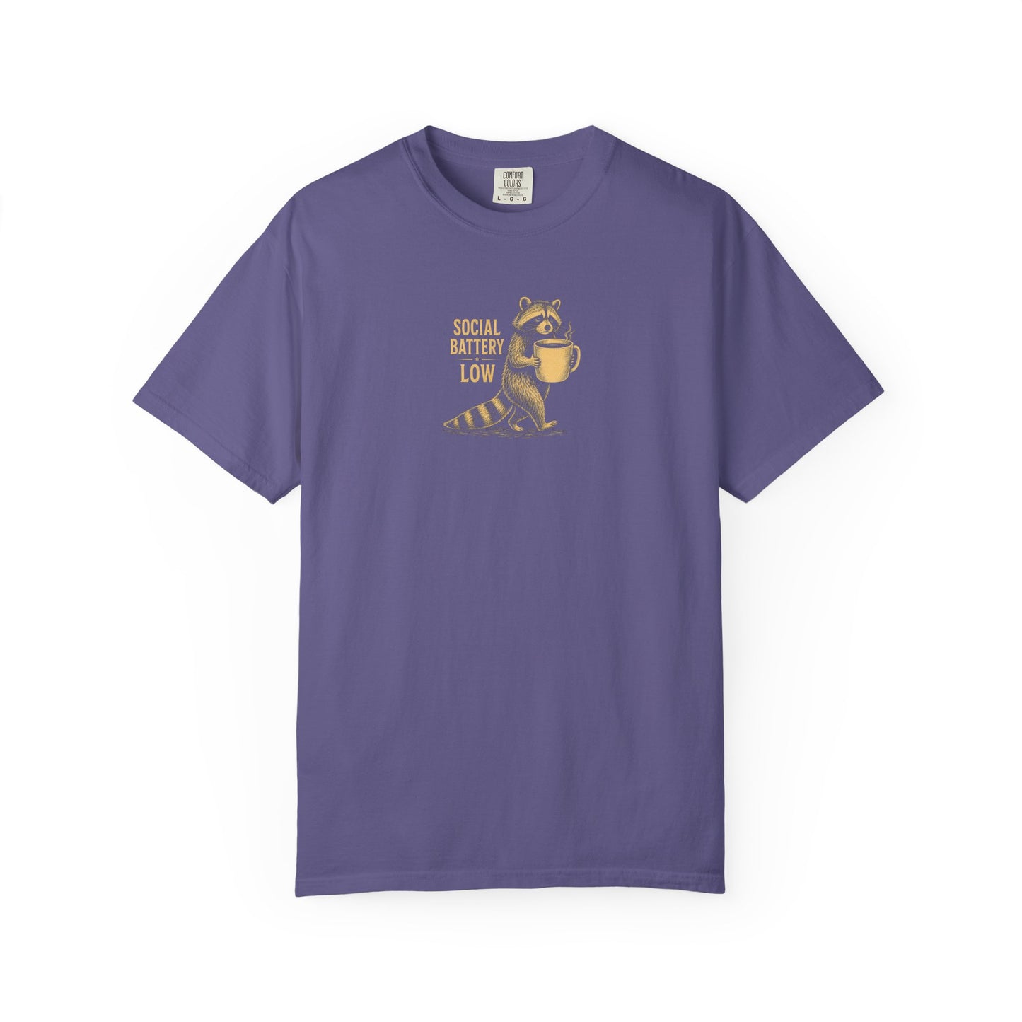 "Social Battery Low" Raccoon Coffee Graphic Tee