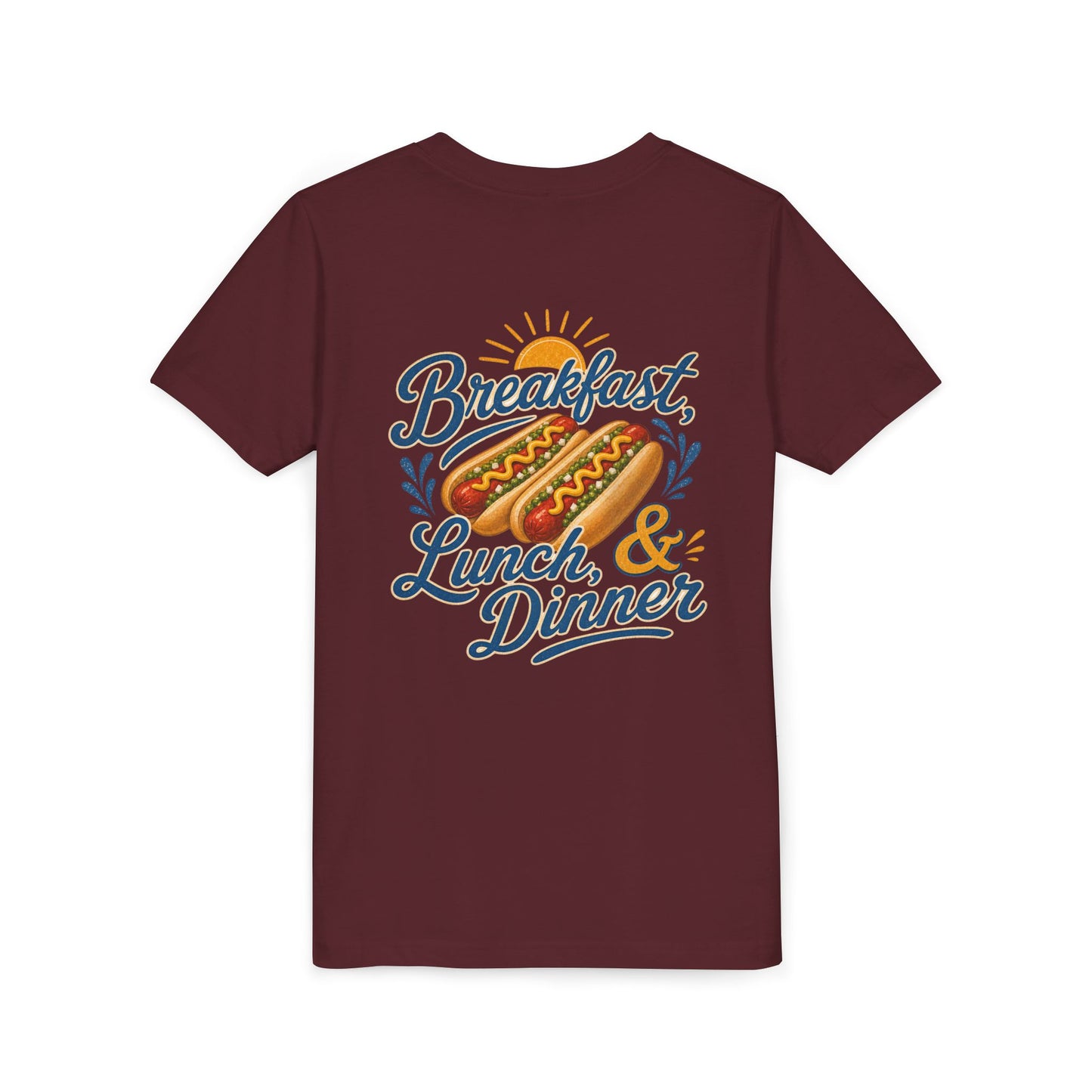 “Breakfast, Lunch & Dinner” Hot Dog Graphic Tee Youth BACK PRINT —