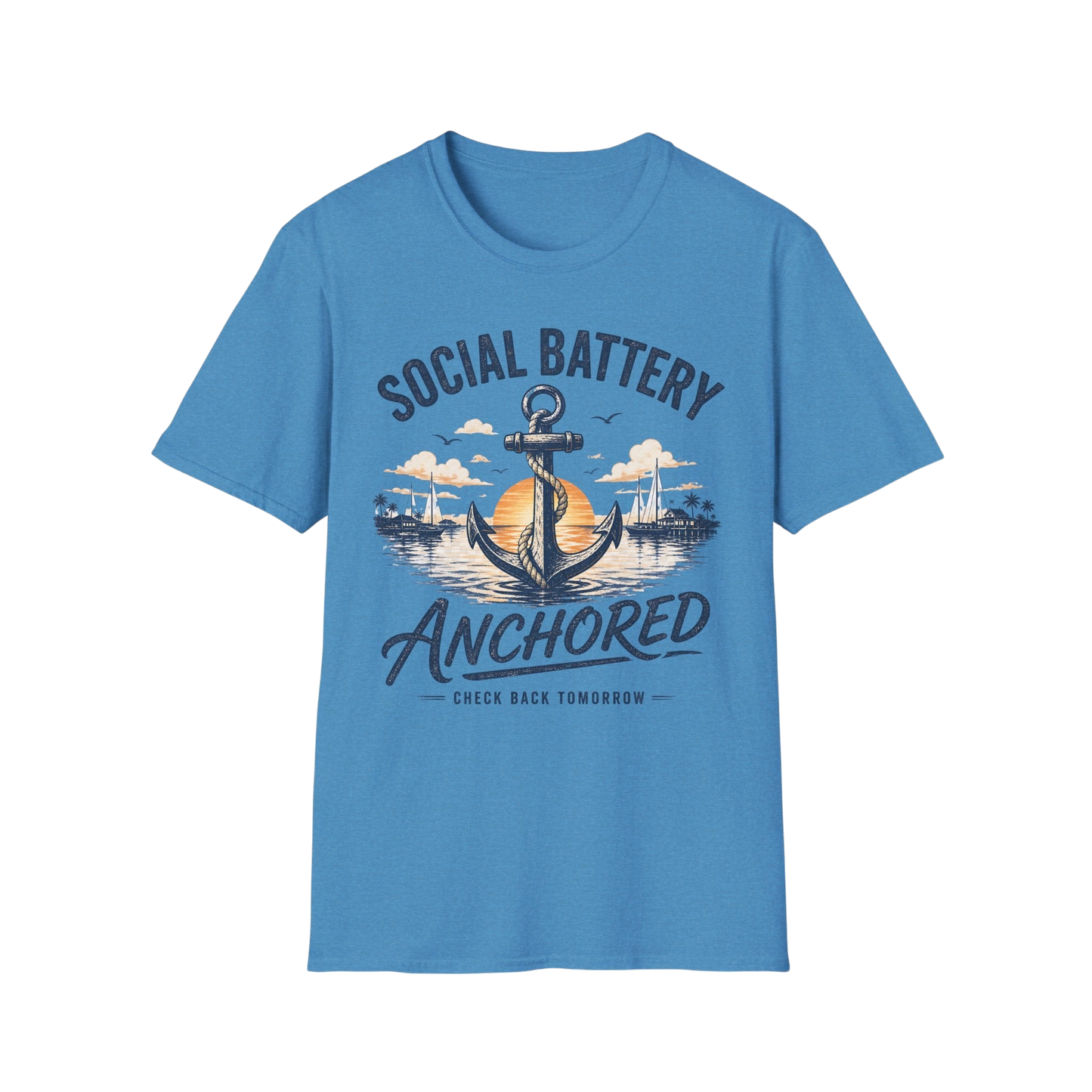 Social Battery Anchored T‑Shirt — Nautical Anchor Retro Sunset Tee