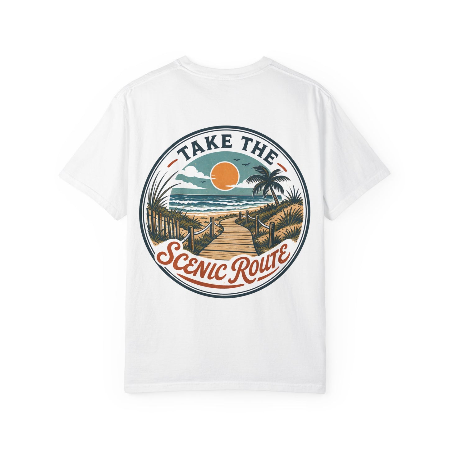 Scenic Route Beach T-Shirt — "Take the Scenic Route" Sunset Boardwalk Tee
