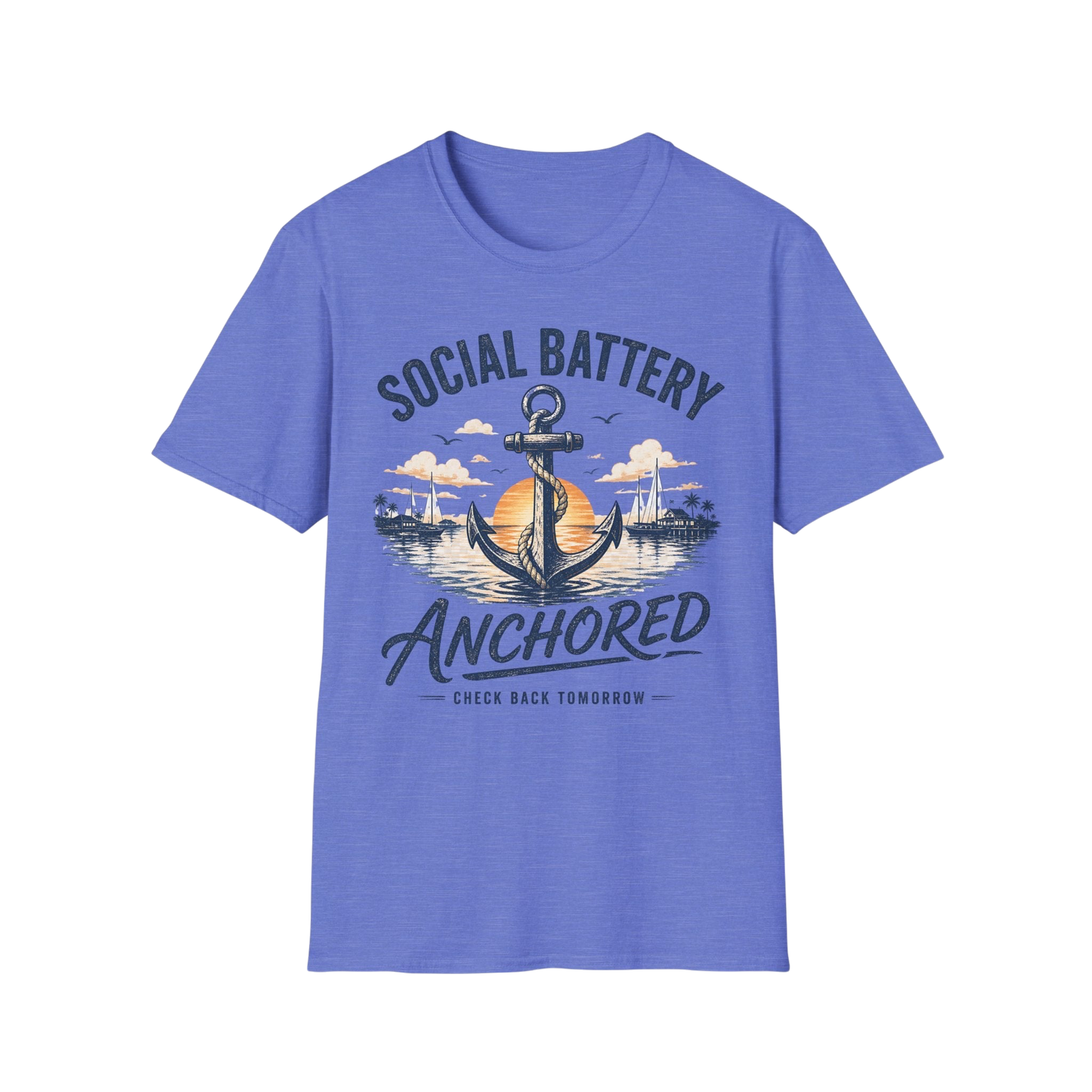 Social Battery Anchored T‑Shirt — Nautical Anchor Retro Sunset Tee