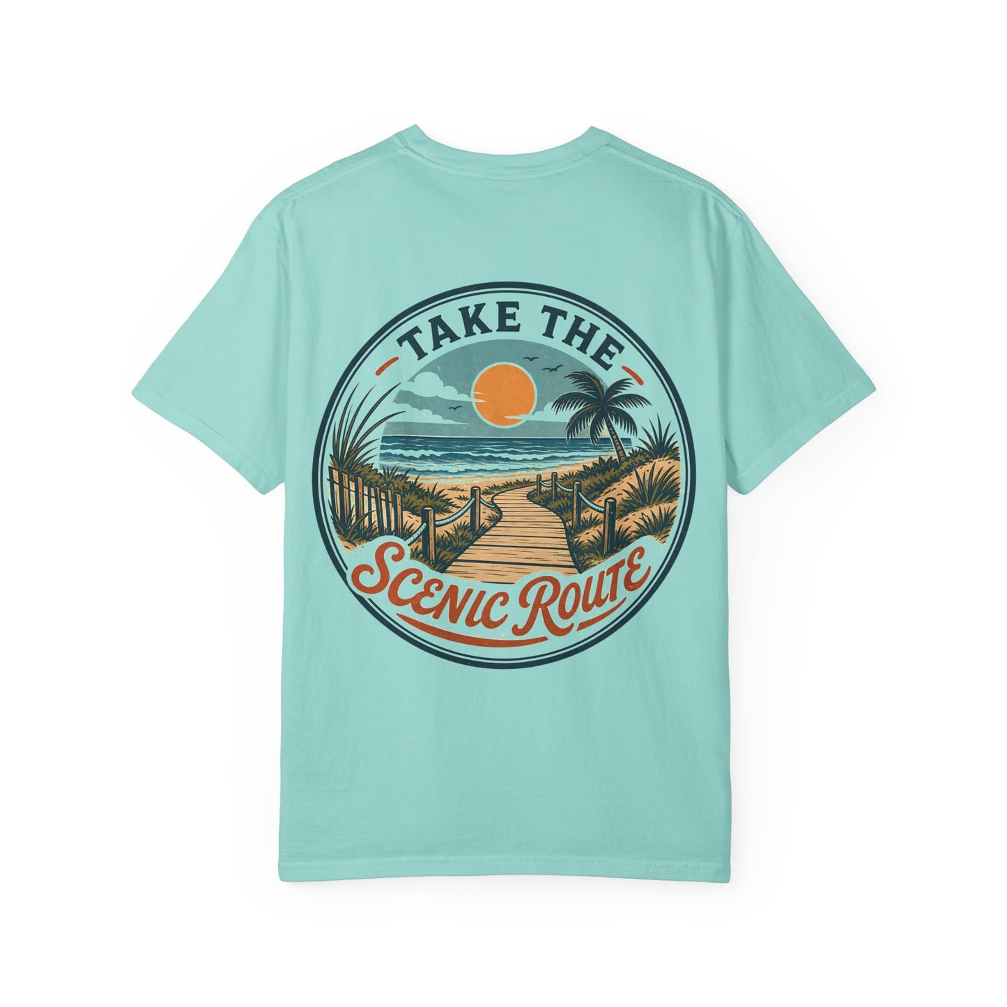 Scenic Route Beach T-Shirt — "Take the Scenic Route" Sunset Boardwalk Tee