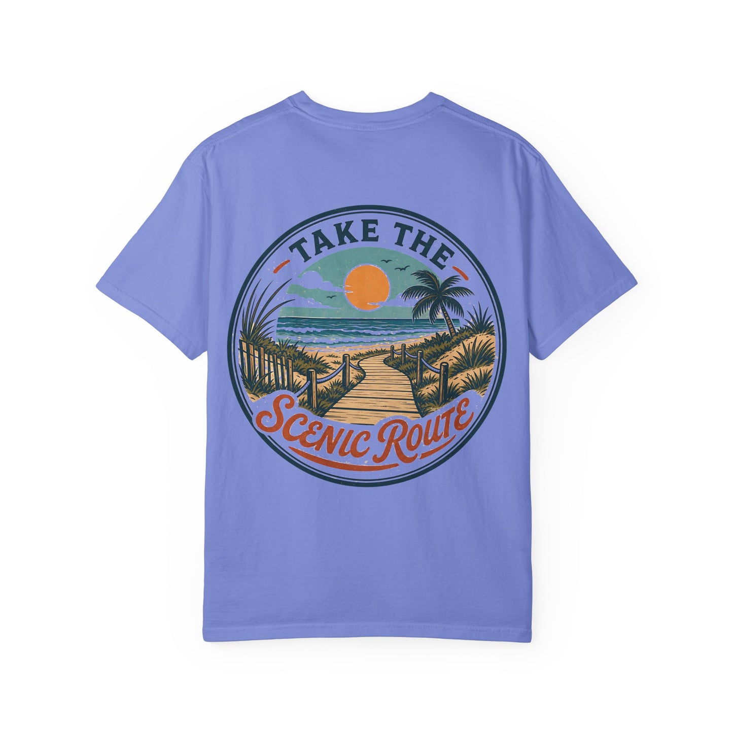 Scenic Route Beach T-Shirt — "Take the Scenic Route" Sunset Boardwalk Tee
