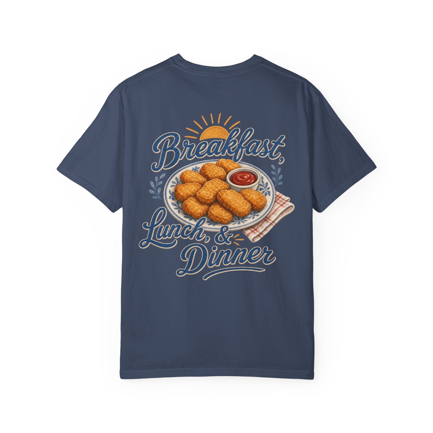 Chicken Nugget T-Shirt — “Breakfast, Lunch & Dinner” Retro Food Graphic Tee Adult BACK PRINT