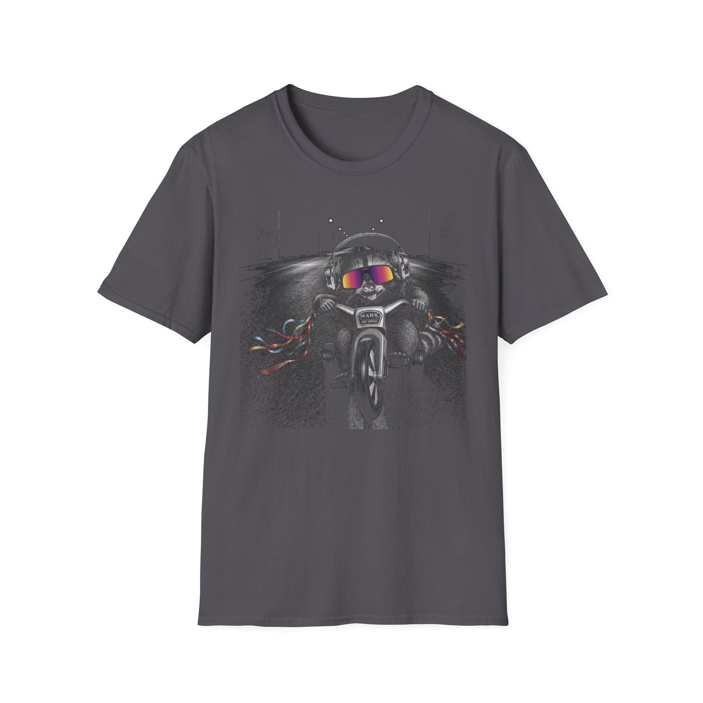 Marx Big Wheel Active Noise Canceling (ANC) headphones and Oakleys Raccoon Graphic T-Shirt — Retro Biker Tee