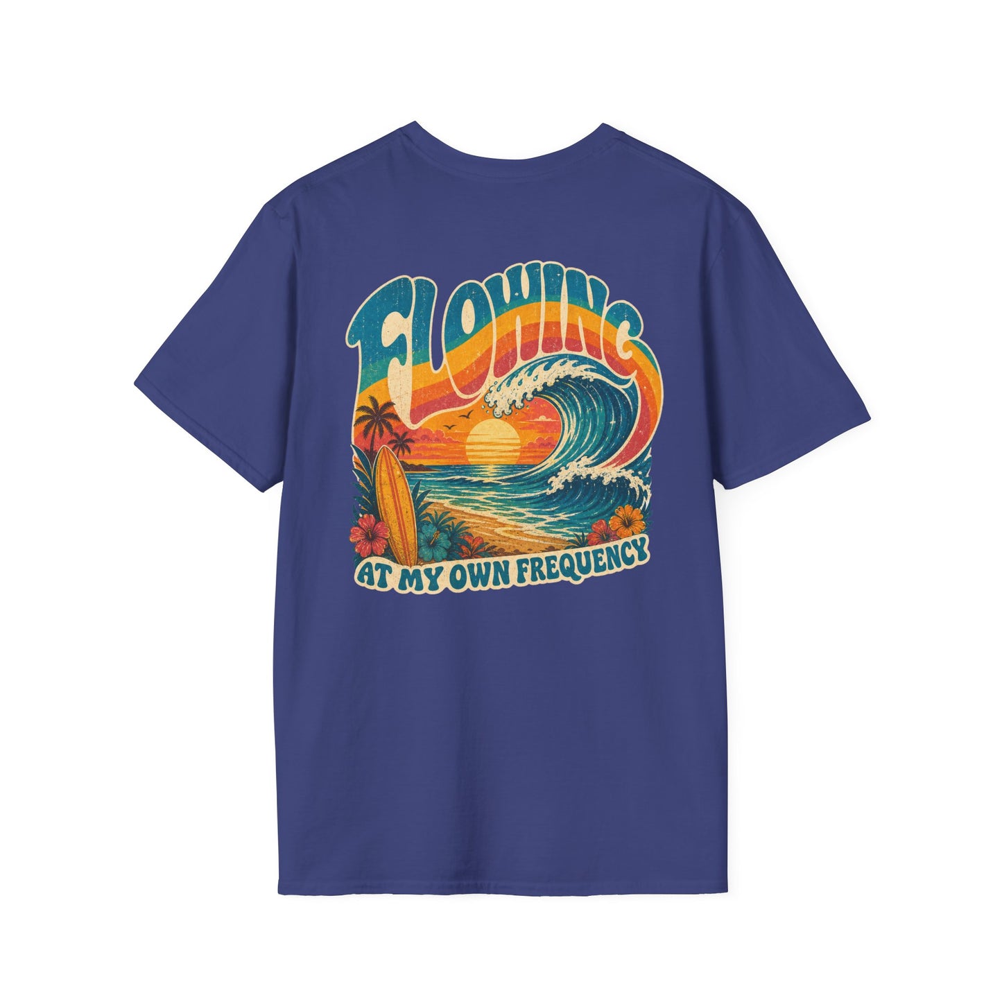 "Flowing At My Own Frequency" Groovy 70s Surfboard Beach Sunset Graphic T-Shirt
