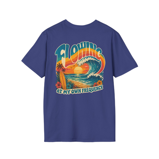 "Flowing At My Own Frequency" Groovy 70s Surfboard Beach Sunset Graphic T-Shirt