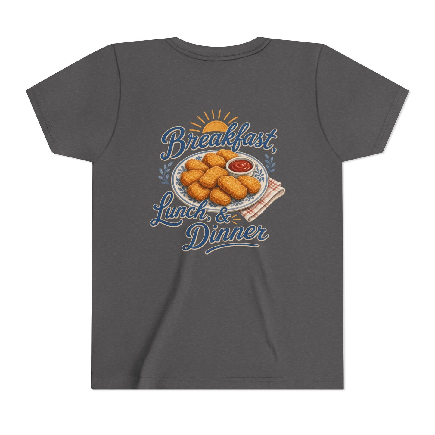 "Breakfast, Lunch & Dinner" Chicken Nugget Graphic Youth Tee — BACK PRINT