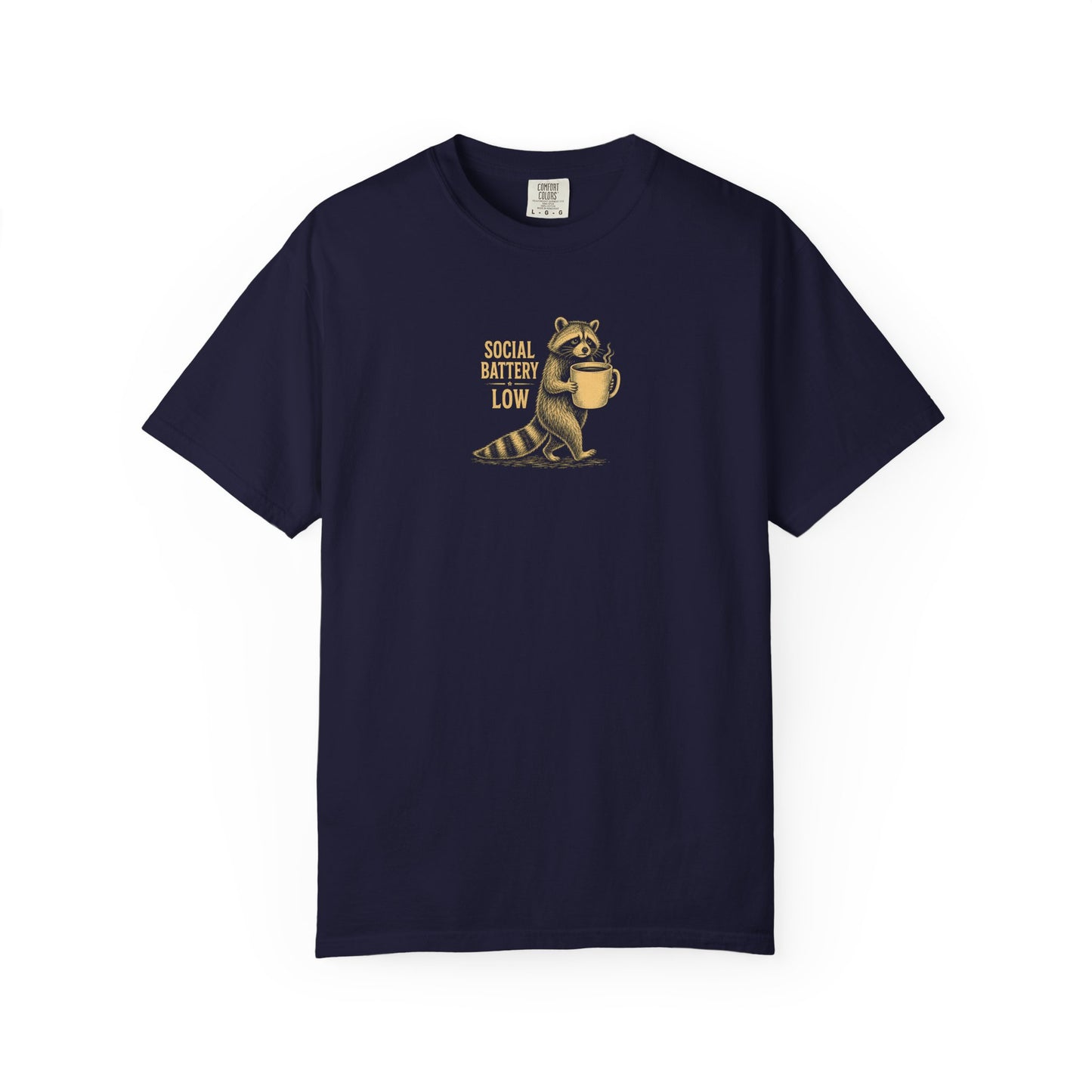 "Social Battery Low" Raccoon Coffee Graphic Tee