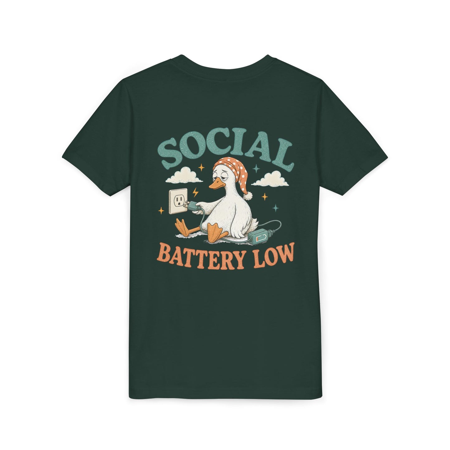 Youth Tee — Social Battery Low Silly Goose Graphic BACK PRINT