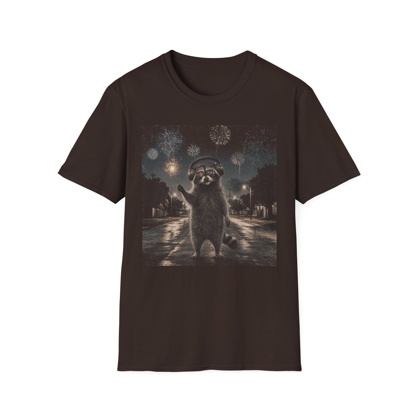 Raccoon Fireworks Tee — Night Sky Neurodivergent Auditory sensitivity Raccoon Party Animal T-Shirt
