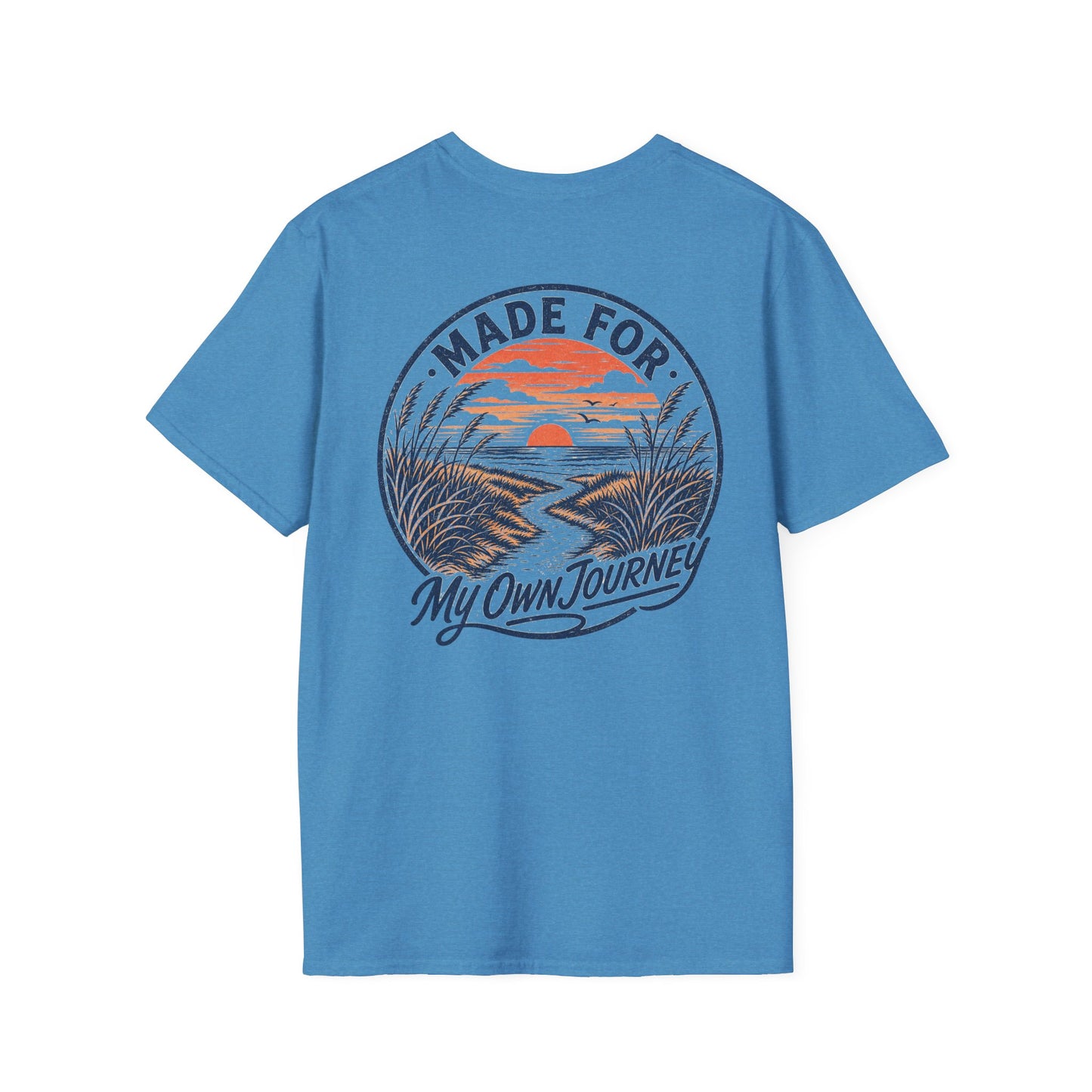 "Made For My Own Journey" beach path leading toward sunset, vintage surf poster style