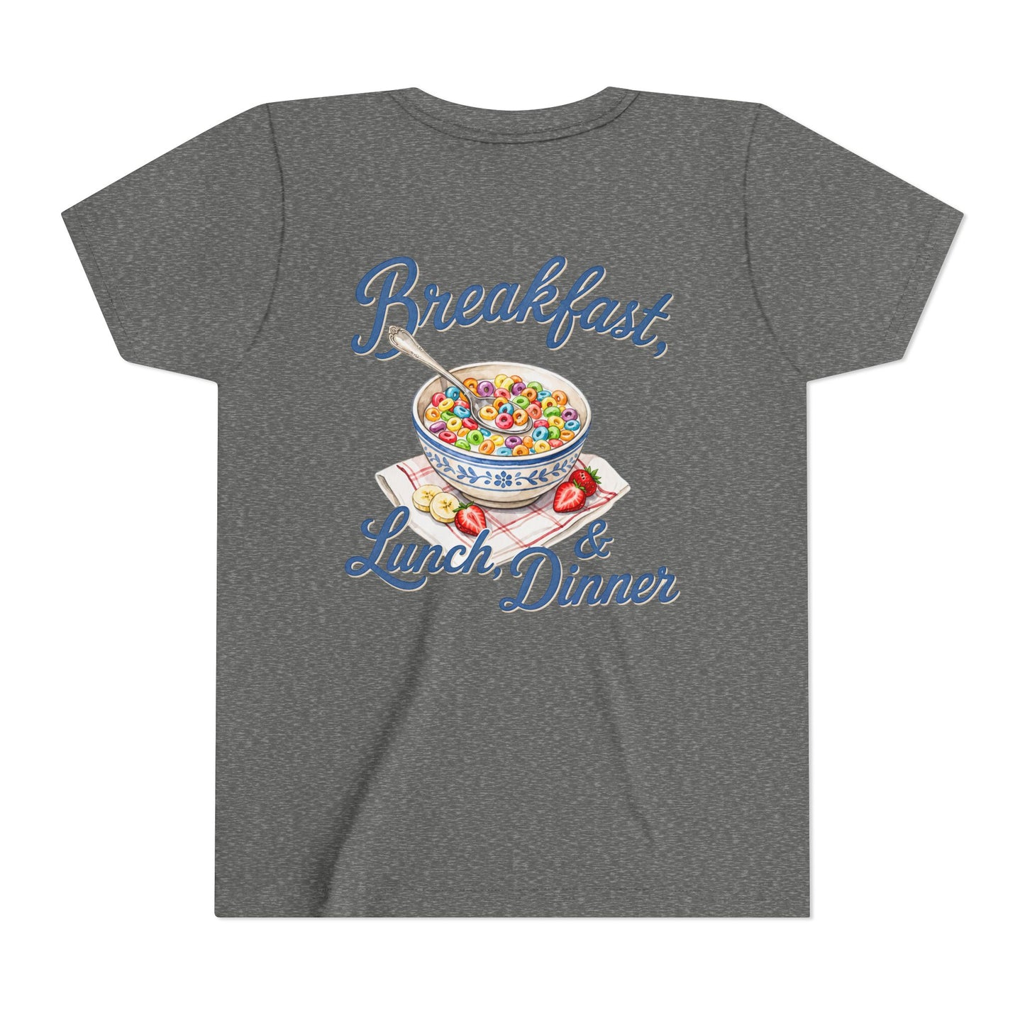 “Breakfast, Lunch & Dinner” Cereal Bowl Kids Youth Tee - Shirt BACK PRINT