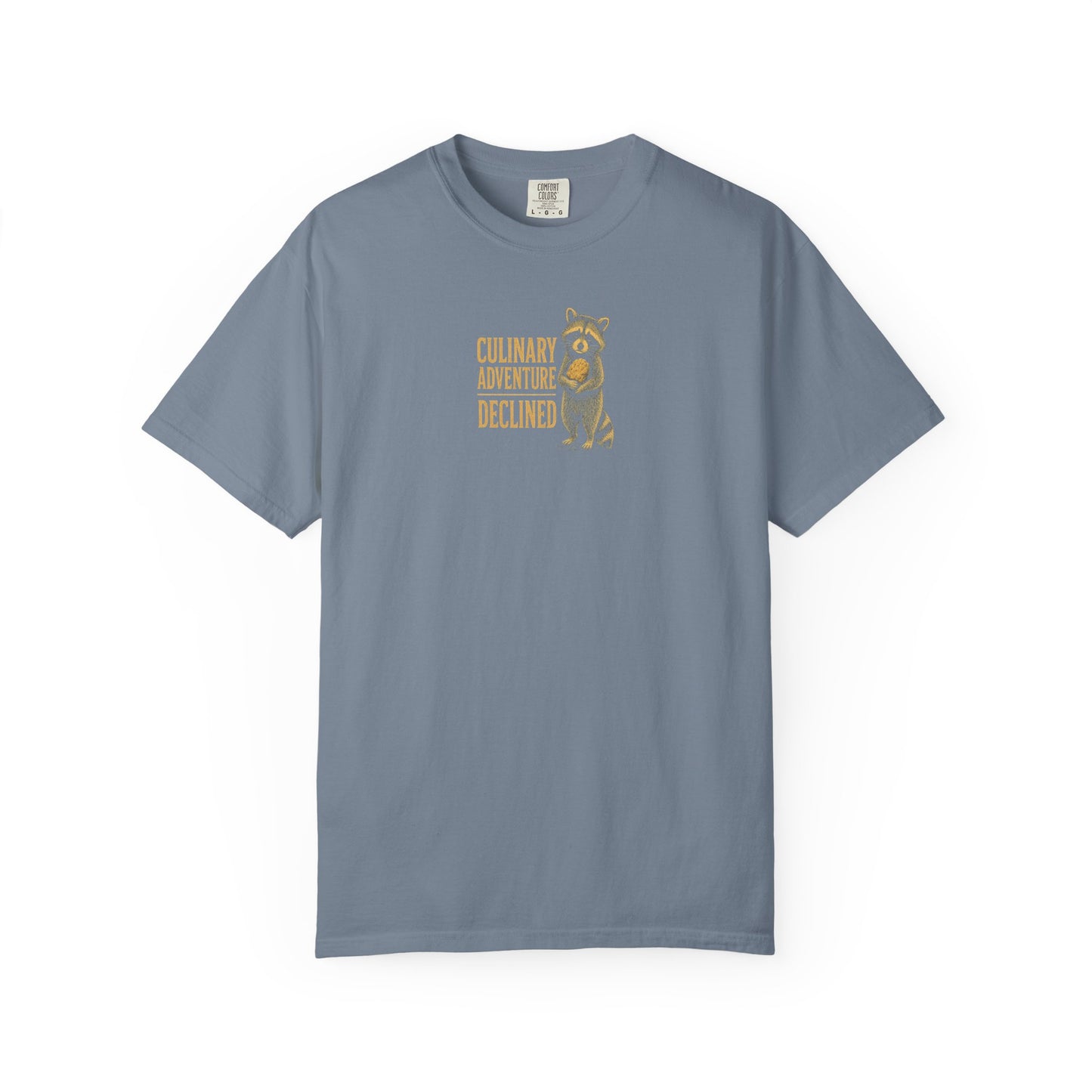 Culinary Adventure Declined T-Shirt — Food Routine Raccoon Graphic Tee