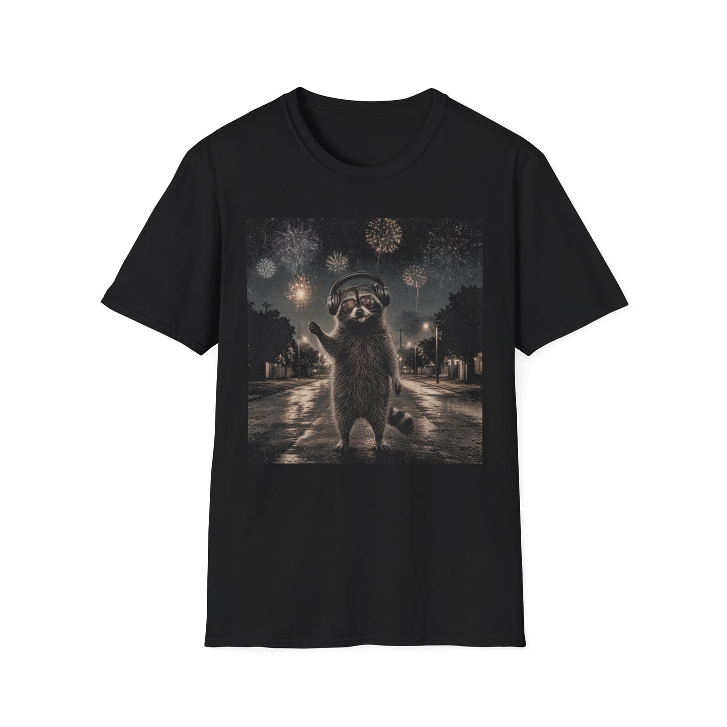 Raccoon Fireworks Tee — Night Sky Neurodivergent Auditory sensitivity Raccoon Party Animal T-Shirt