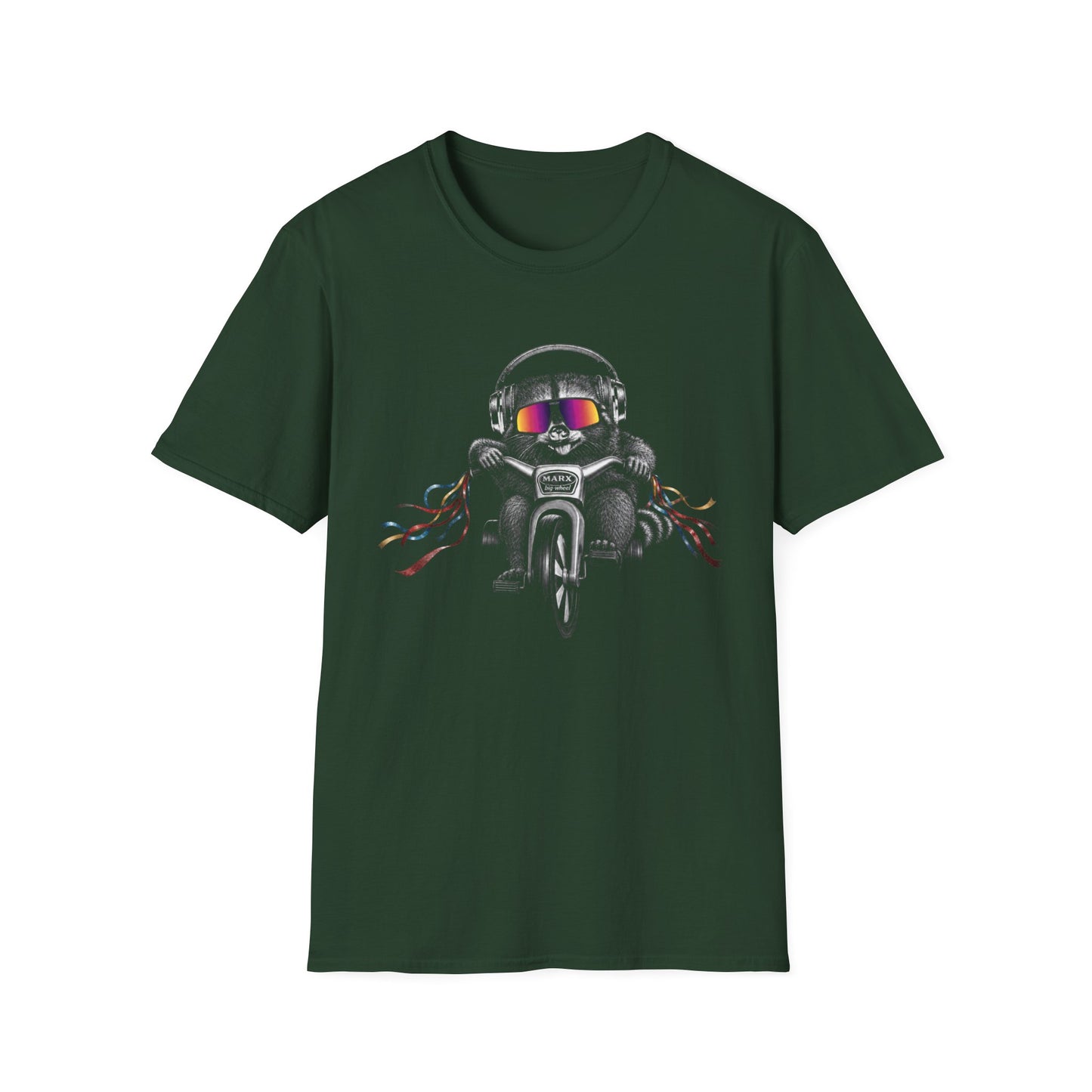 Big Wheel Raccon with Oakleys and Active Noise Canceling (ANC) headphones ‑Shirt — Retro Biker Tee